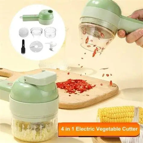 4-in-1 electric vegetable cutter with attachments on a wooden cutting board.