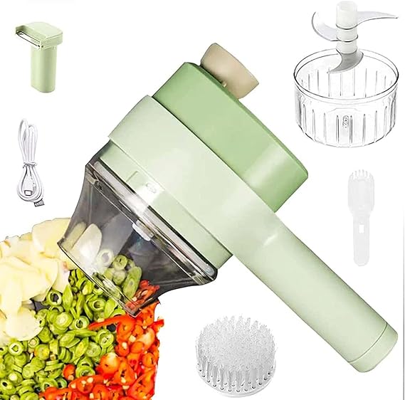 Green manual vegetable chopper with detachable parts on a white background