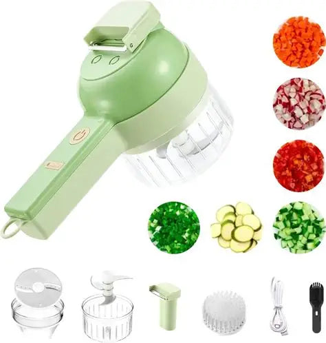 Green handheld vegetable chopper with attachments and sample chopped vegetables on a white background