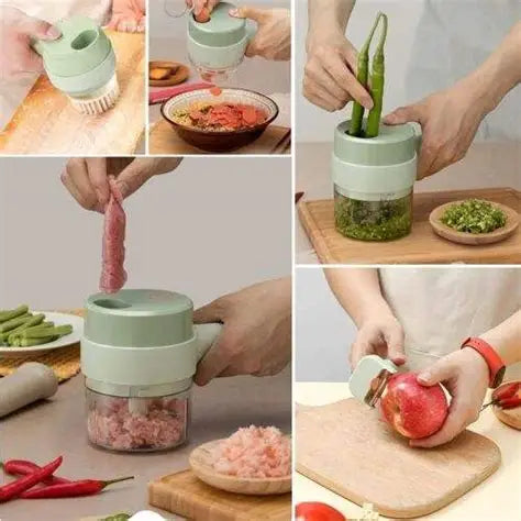 Collage of a kitchen tool being used for various tasks including grinding, cutting, and peeling.