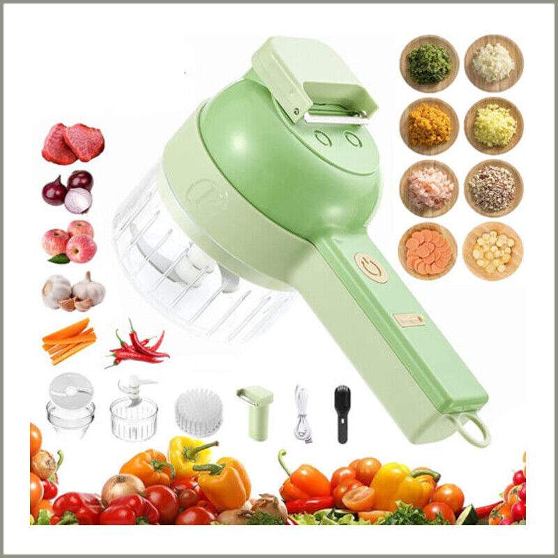 Green handheld vegetable chopper with various vegetables and food products displayed around it.